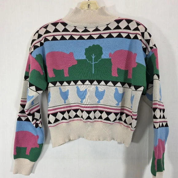 Daisy Street Farm Animal Cropped Sweater - Pink Pigs & Blue Chickens - US L - Picture 3 of 8